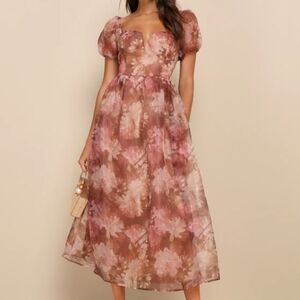 Lulu Lovely Statement  Brown Floral Organza Tie Back Puff Sleeve Dress SizeS NWT